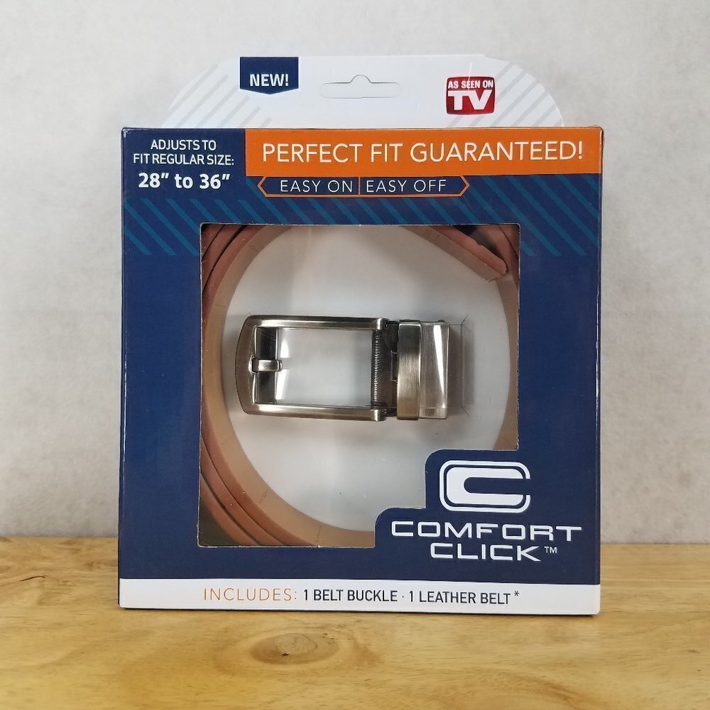 NEW Comfort Click Adjustable Lock Belt Mens 28-36 Faux leather Buckle Brown